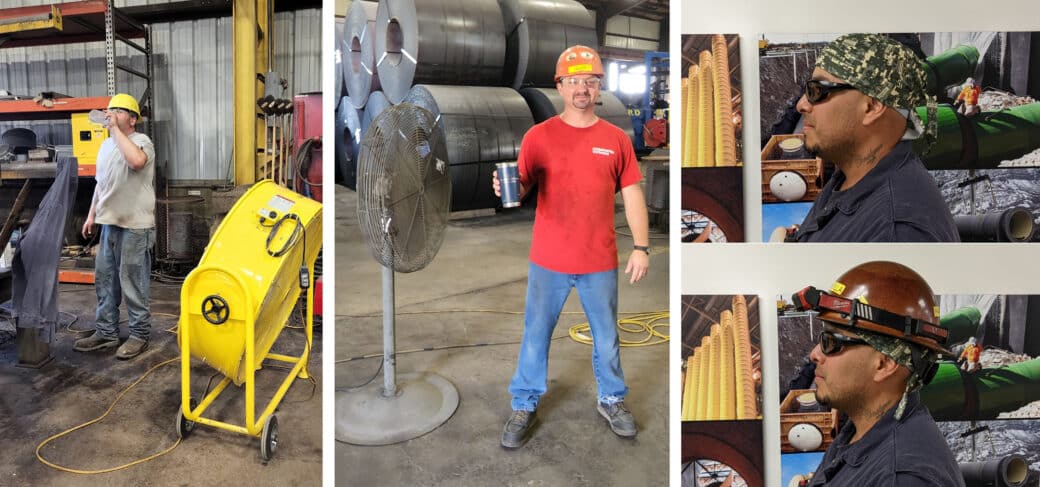 Left to Right: NWP team members keeping cool in Parkersburg, WV; a team member in Portland, OR, wears a cooling triangle hat under his safety helmet.