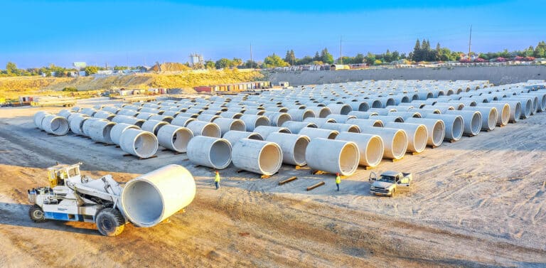 Truck moving large diameter concrete pipe in a yard full of pipe